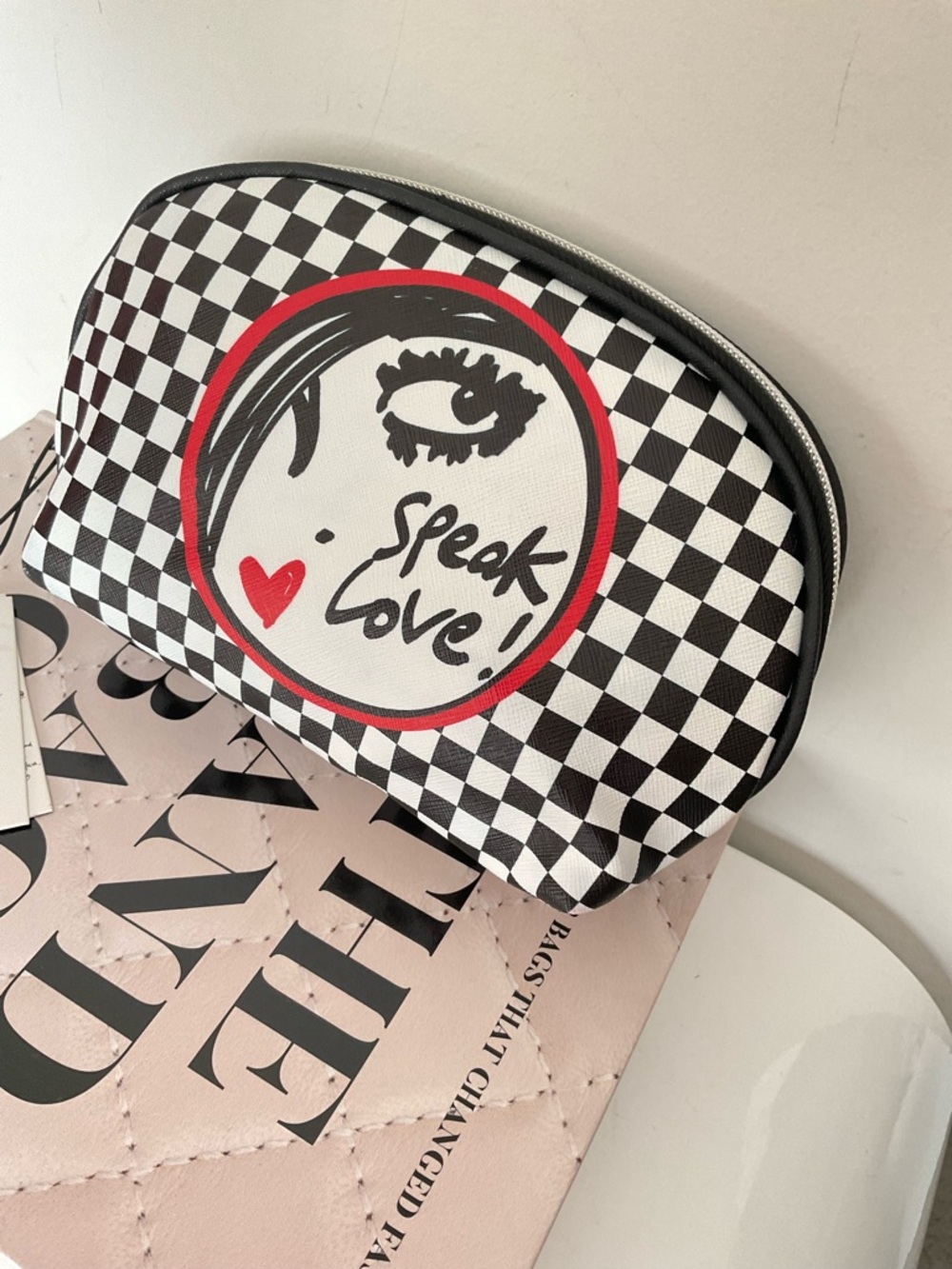 IZAK Black & White Checkered 'Speak Love' Cosmetic Pouch